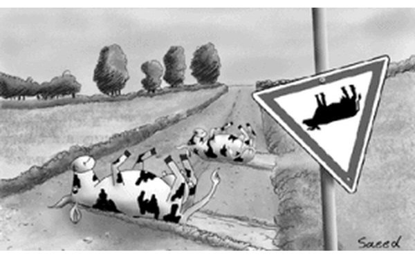 Vinetas de ganado junto a una senal de trafico, en blanco y negro